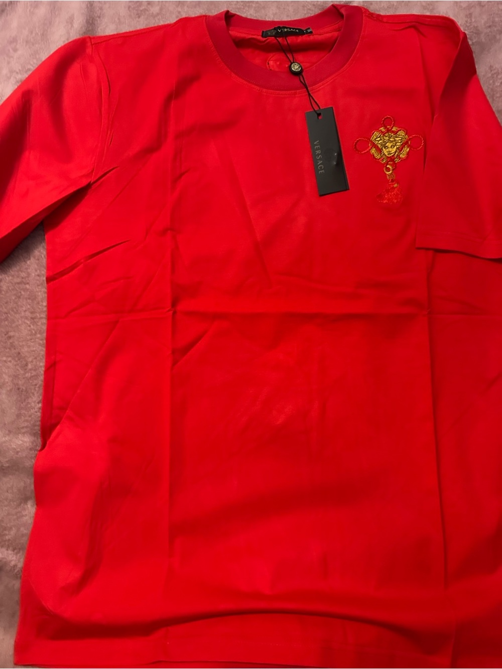Versace Red Short-Sleeve Crewneck Tee with Gold Medusa Detail